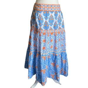 Gretchen Scott Ipanema Maxi Skirt Blue Orange Floral Tiered Size M